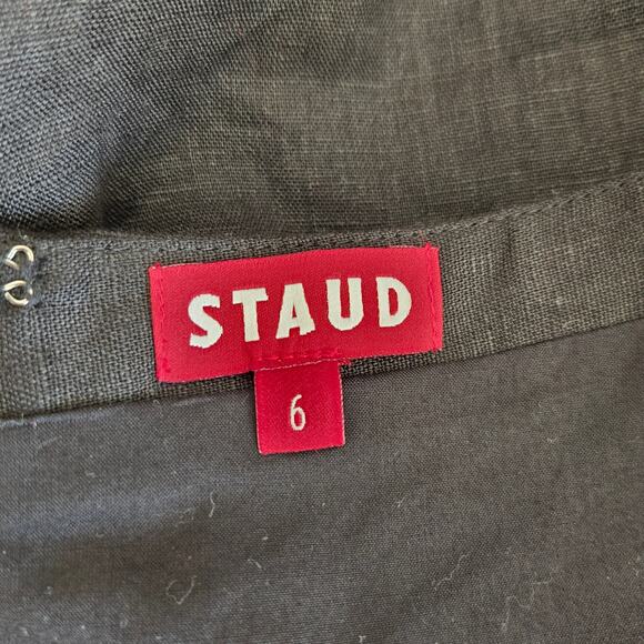 Staud Chiara Dress Linen Black Mother Of Pearl Buttonw Long Sleeve Women 6 - Picture 10 of 13